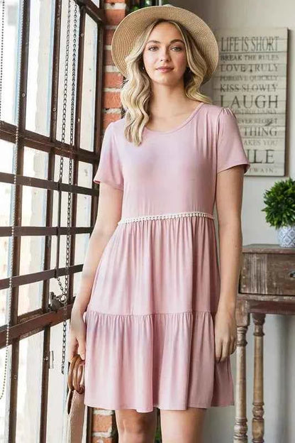 Heimish Full Size Solid Mini Tiered Dress with Pompom Lace Plus Size