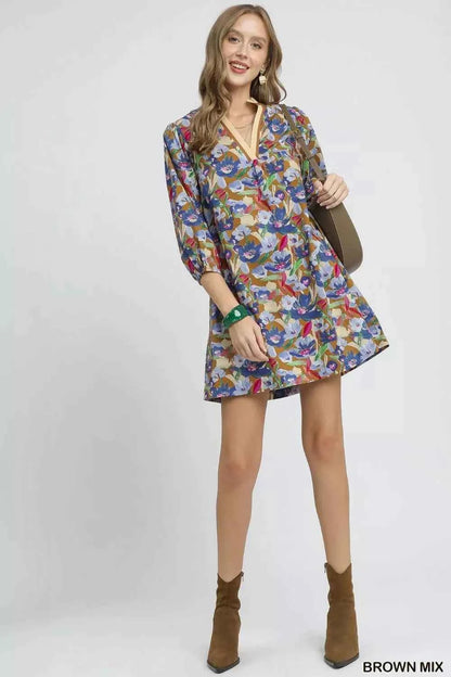 Umgee Boho Floral Balloon Sleeve Mini Dress
