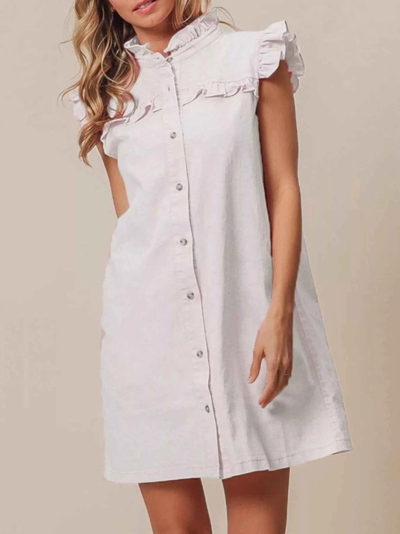 Ruffled Trim Button-Down Denim Dress