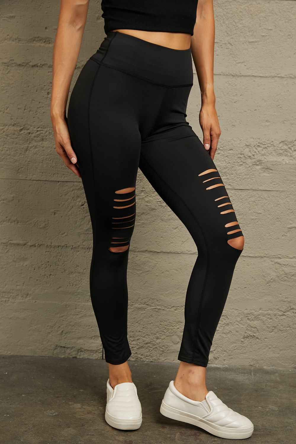Wide Waistband Distressed Slim Fit Leggings