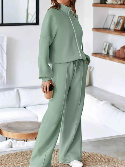 Drop Shoulder Zip Up Jacket and Drawstring Pants Active 2pcs Set