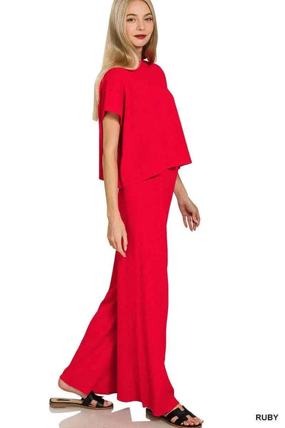 Zenana Viscose Sweater Short Sleeve Top and Pants Set