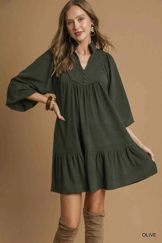 Umgee Corduroy Tiered Babydoll Dress