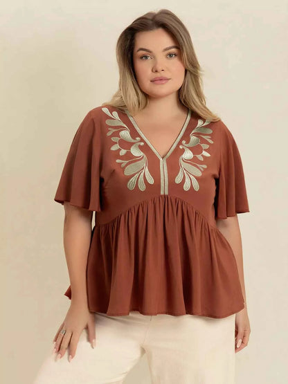 Plus Size Embroidered V-Neck Flutter Sleeve Blouse