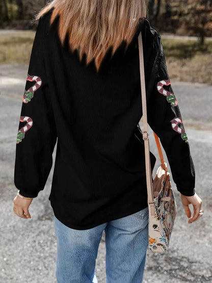 Sequin Christmas Candy Cane Heart Graphic Drop Shoulder Ribbed Sweatshirt
