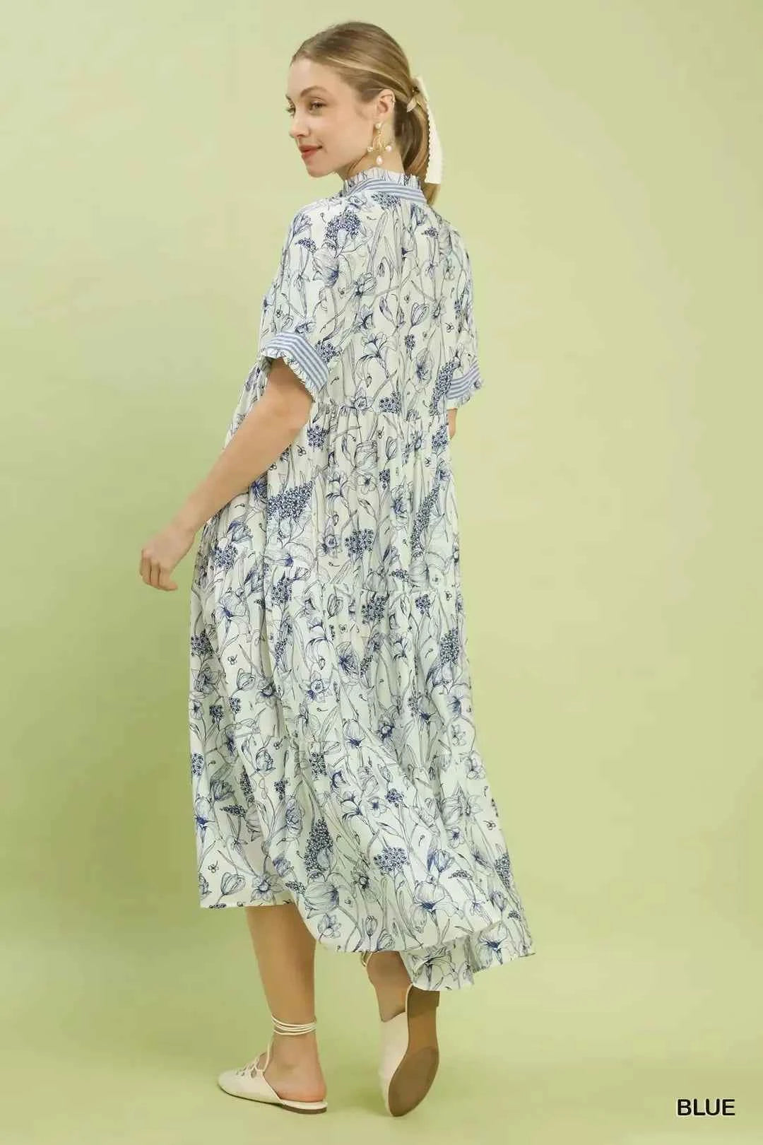 Umgee Floral Tiered Midi Dress with Ruffle Trim