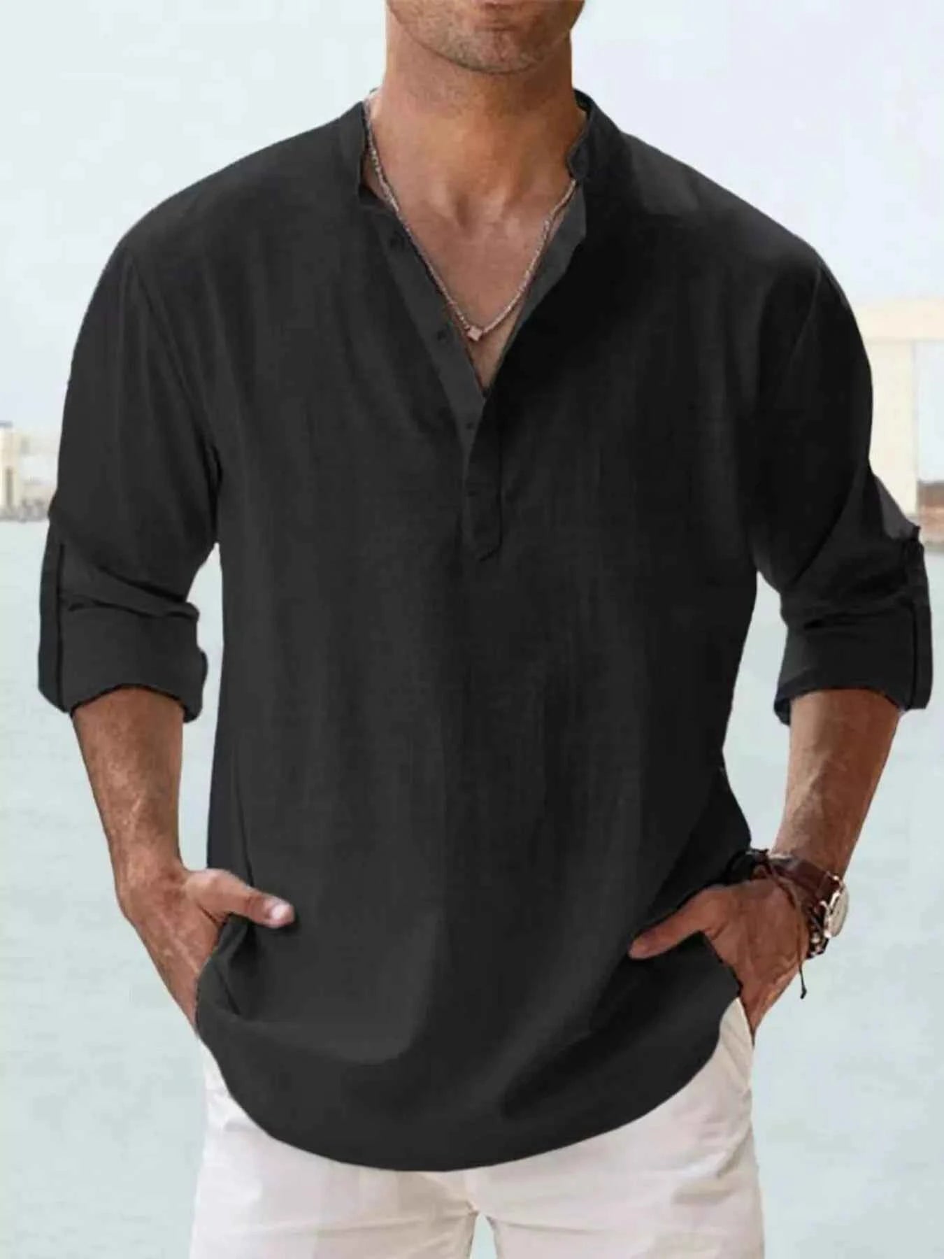 Men's Full Size Casual Button Detail Roll-Up Sleeve Blouse Plus Size