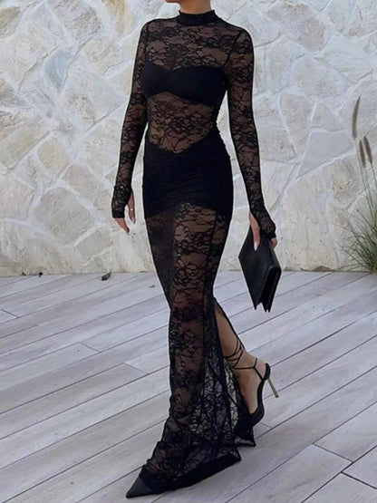 Lace Sheer Mock Neck Long Sleeve Maxi Dress
