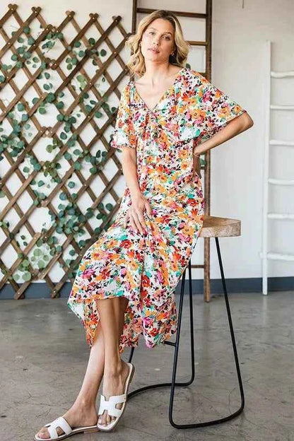 Lime 'N' Chili Floral Print Sweetheart Neck Tie Front Midi Dress