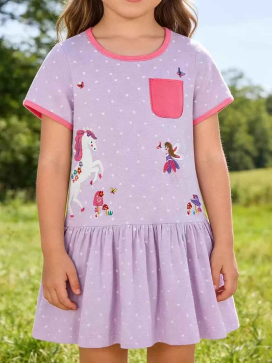 Children's Unicorn & Fairy Embroidered Ruffle Hem Dress