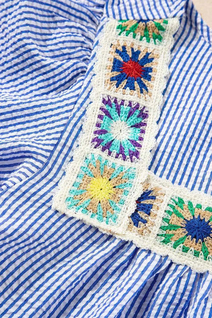 Stripe Textured Ruffle Short Sleeve Boho Detail Square Neck Blouse