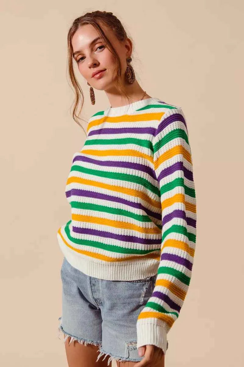 SO ME Mardi Gras Color Stripe Knit Sweater Top