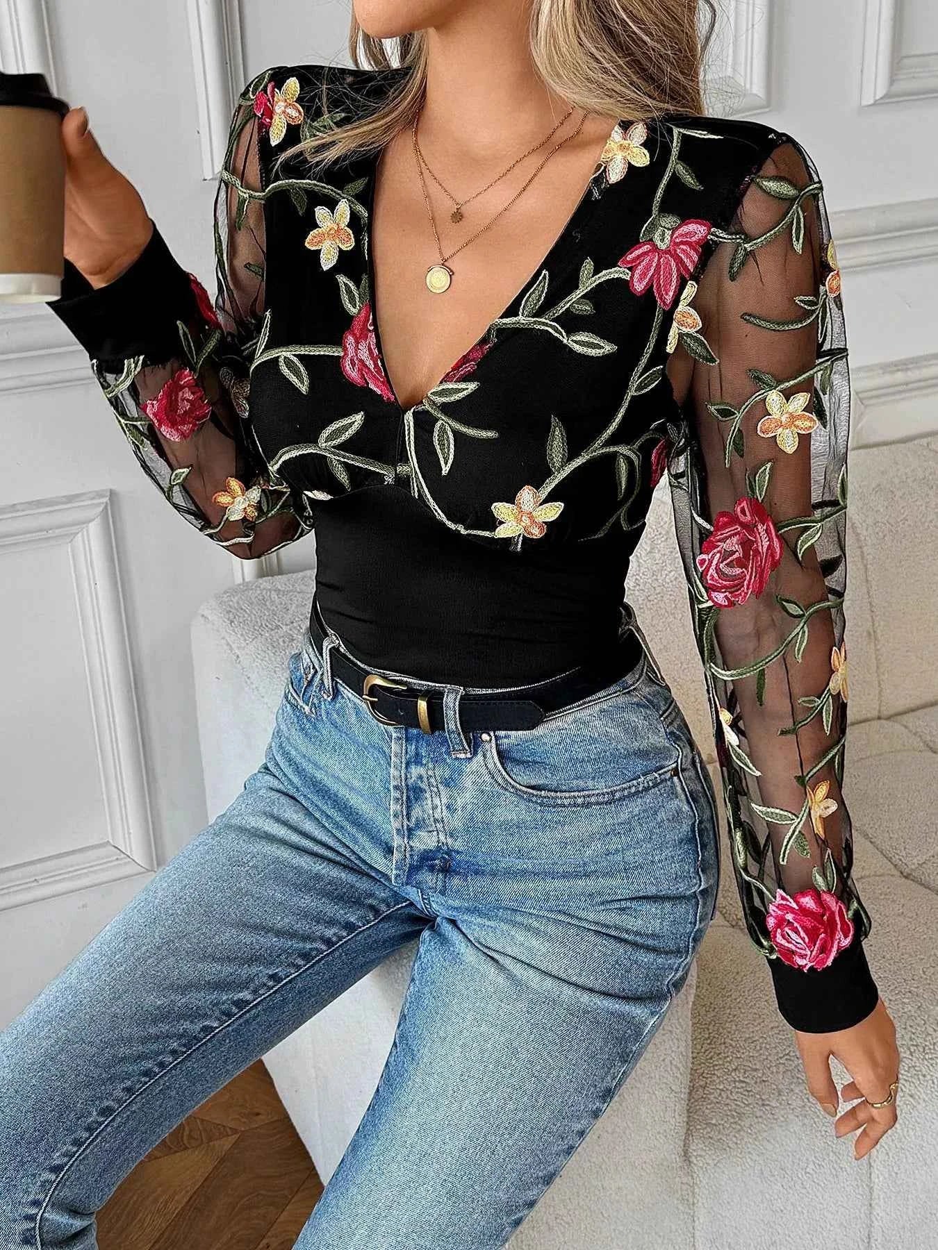 Floral Mesh Sleeve V-Neck Top
