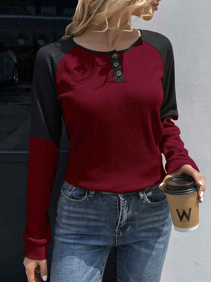 Ivy Lane Contrast Buttoned Round Neck Raglan Sleeve Top