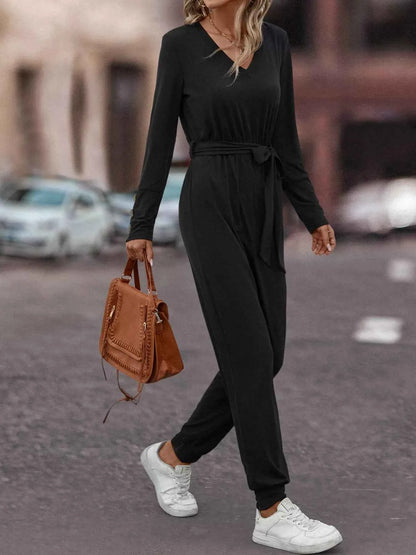 V-Neck Long Sleeve Tie Waist Jumpsuit