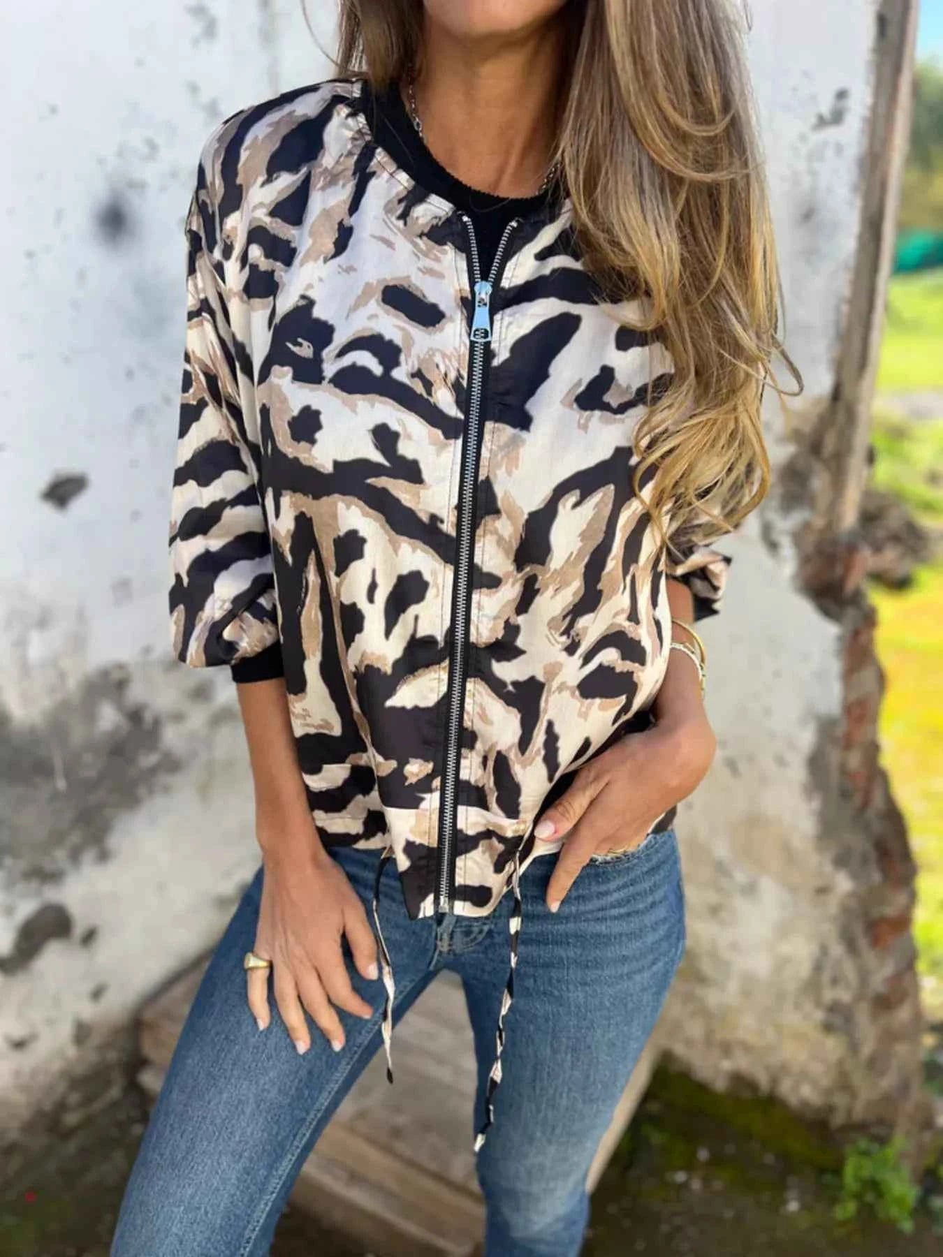 Full Size Zip Up Zebra Print Bomber Jacket Plus Size