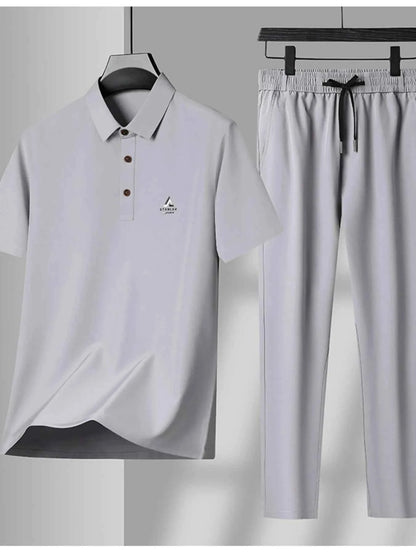 Men's Plus Size Button Detail Short Sleeve Polo and Pants Set
