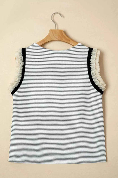 Stripe Contrasted Ruffle Trim Casual Tank Top