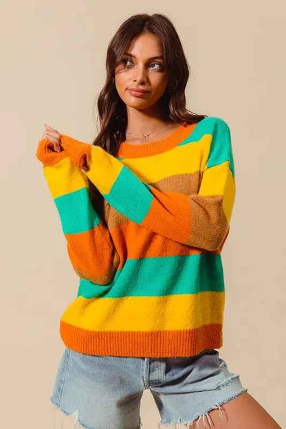 SO ME Multi Color Stripe Sweater with Ribbed Detail
