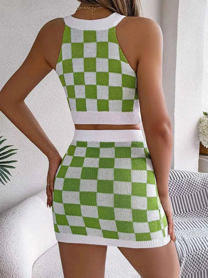 Checkered Grecian Neck Cami and Skirt Sweater Set
