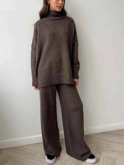 Slit Turtleneck Long Sleeve Top and Pants Sweater Set