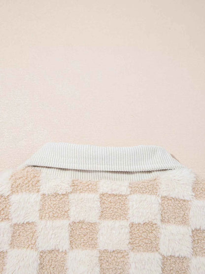 Checker Sherpa Corduroy Patchwork Zip Up Jacket