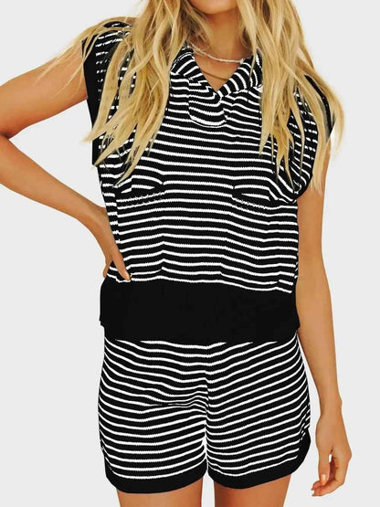 Striped Cap Sleeve Top and Shorts Sweater Set