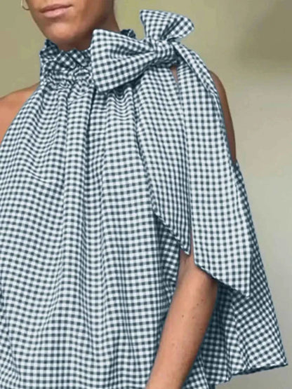 Asymmetric Gingham Bow Tie Sleeveless Top