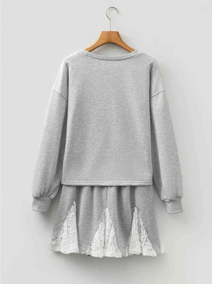 Lace Patchwork Drop Shoulder Top and Drawstring Skort 2pcs Outfit