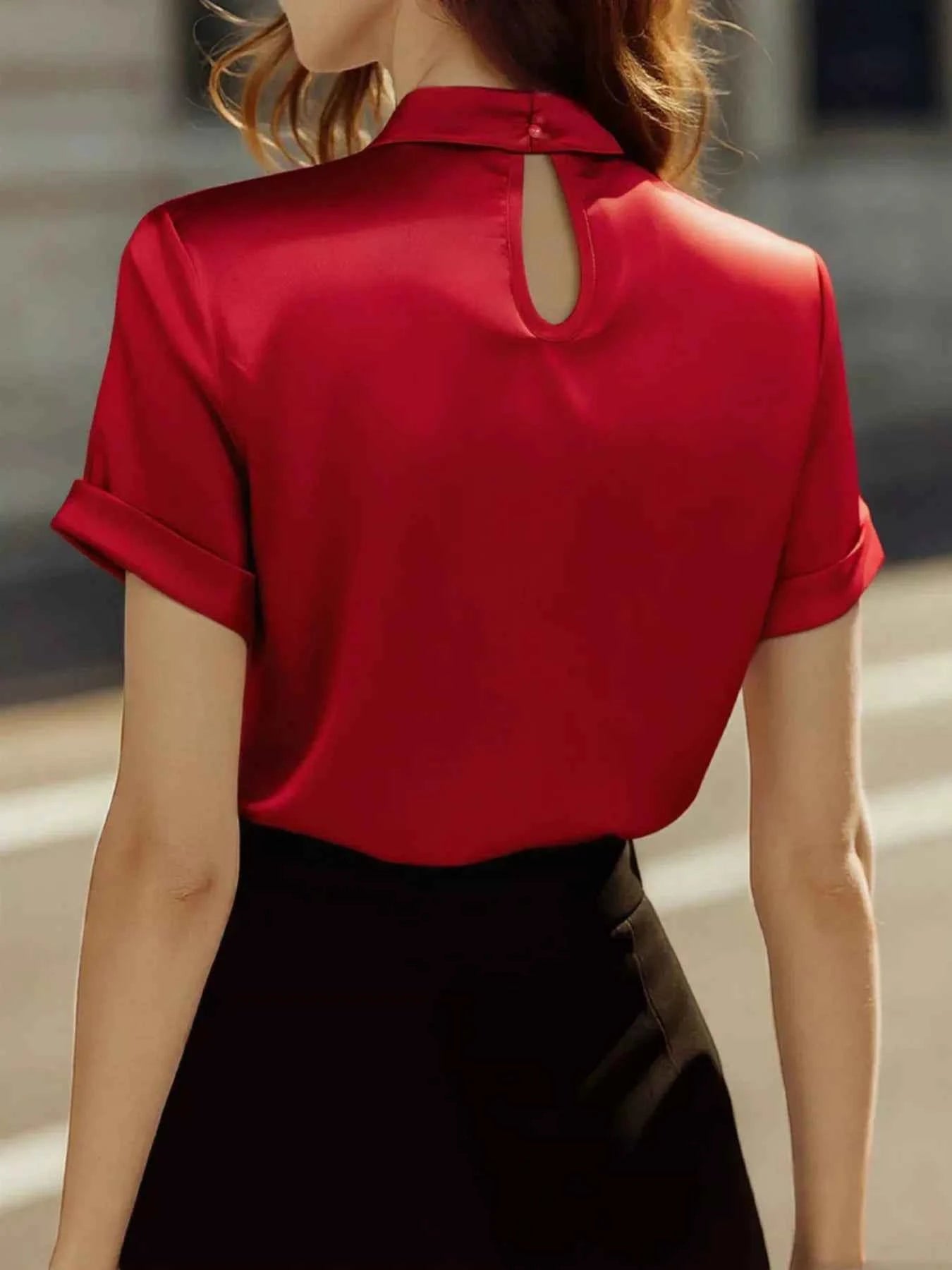Keyhole Neck Satin Short Sleeve Blouse