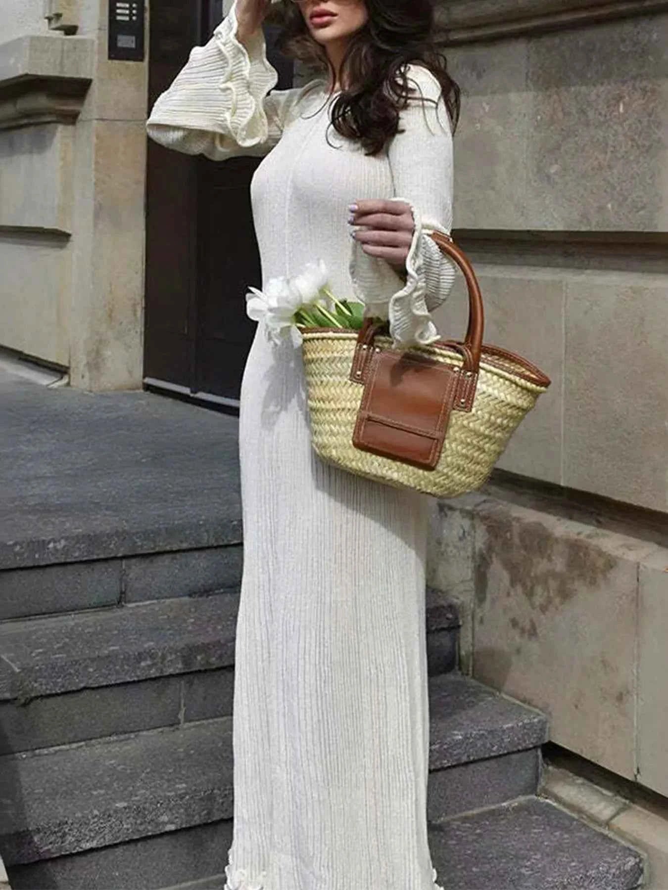 Ribbed Long Sleeve Dress with Ruffle Hem