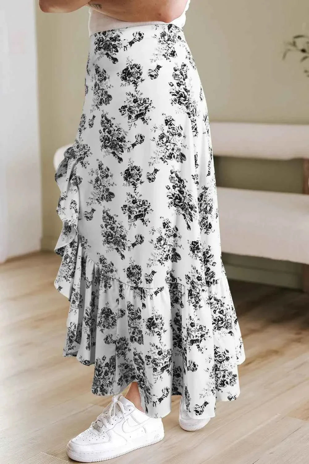 Boho Floral High Waist Ruffle Split Maxi Skirt