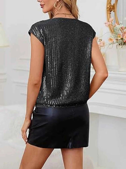 V-Neck Sequin Cap Sleeve Top