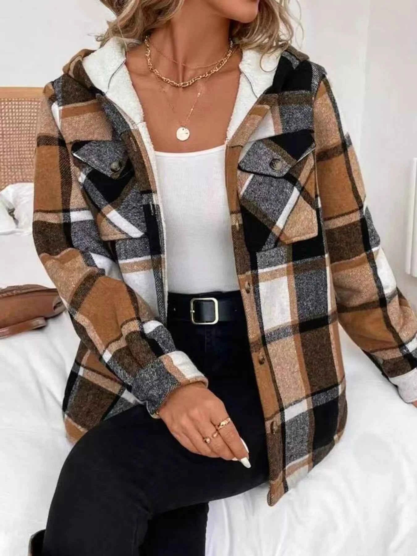 Hooded Plaid Button Up Jacket