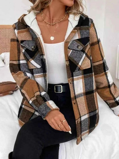 Hooded Plaid Button Up Jacket