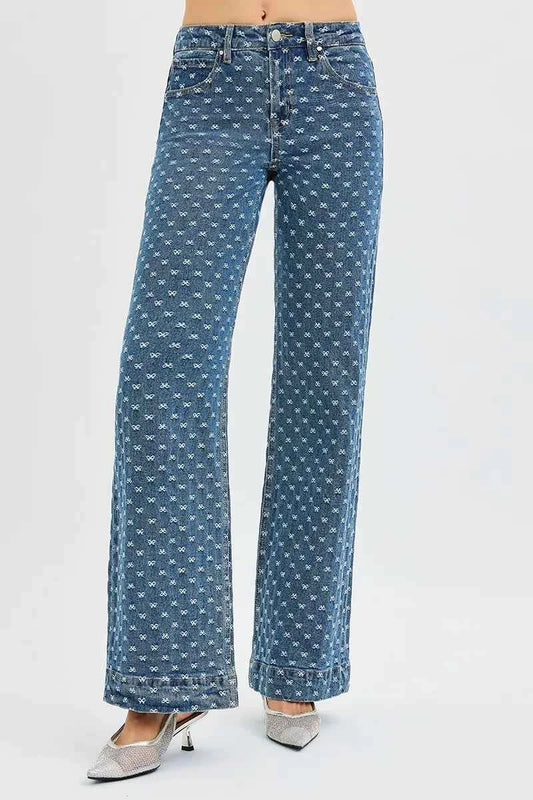 RISEN High Rise Wide Leg Bow Embroidered Jeans