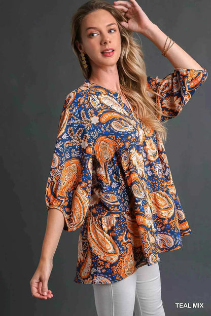 Umgee Mix Paisley Boho Tunic Blouse
