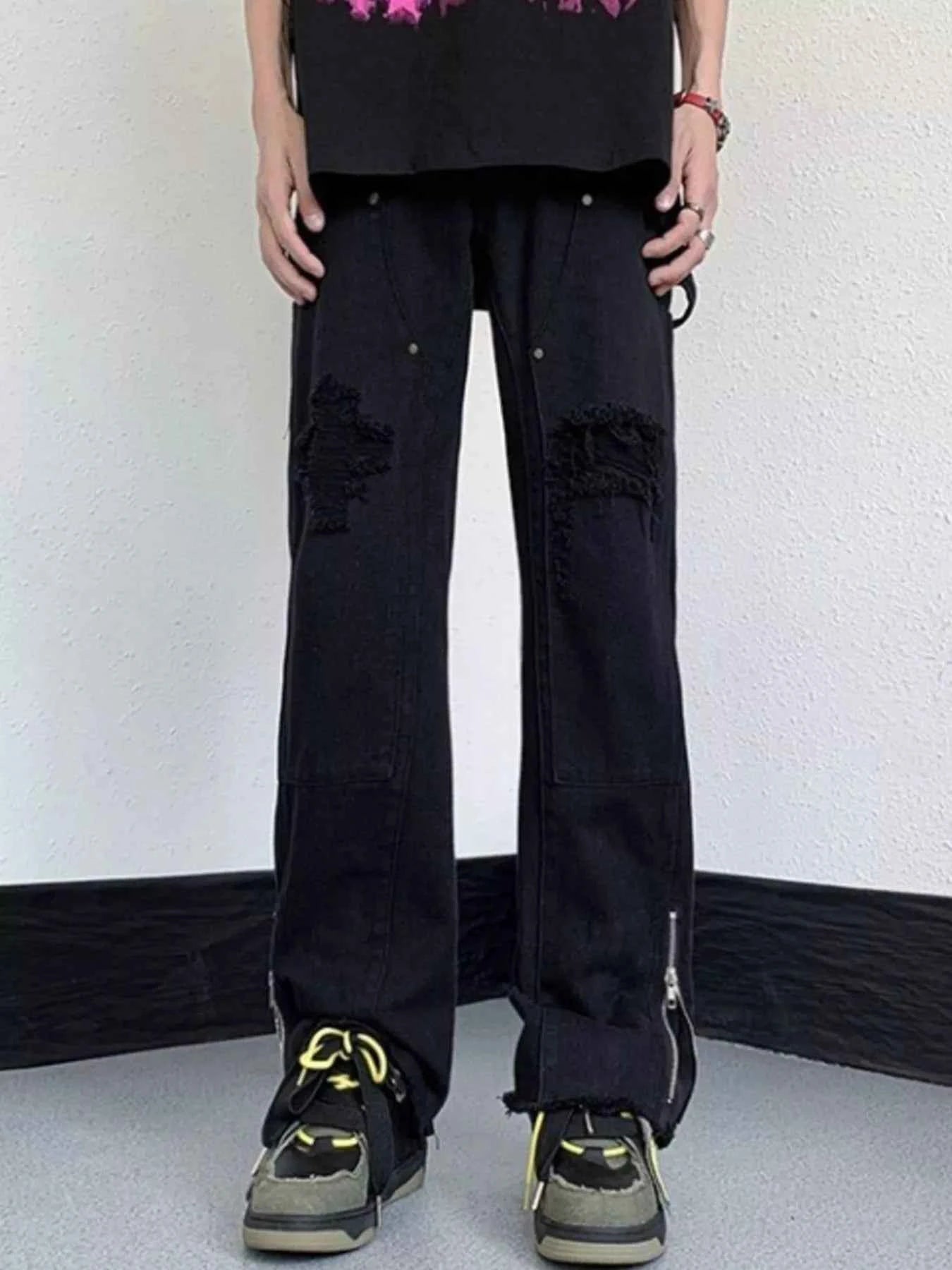 Men's Distressed Raw Hem Wide Leg Jeans