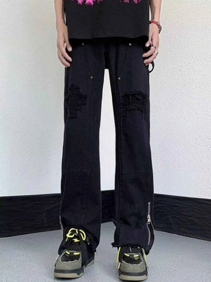 Men's Distressed Raw Hem Wide Leg Jeans