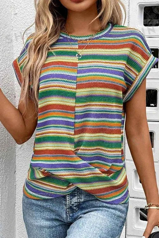Multicolour Striped Twist Hem Cap Sleeve Top