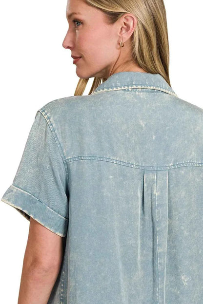 Zenana Tencel Mineral Washed Collared Shirts Dress