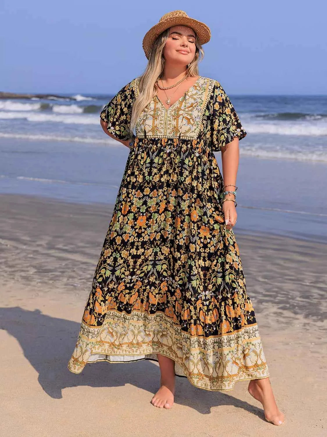 Plus Size Bohemian Floral Tiered Maxi Dress