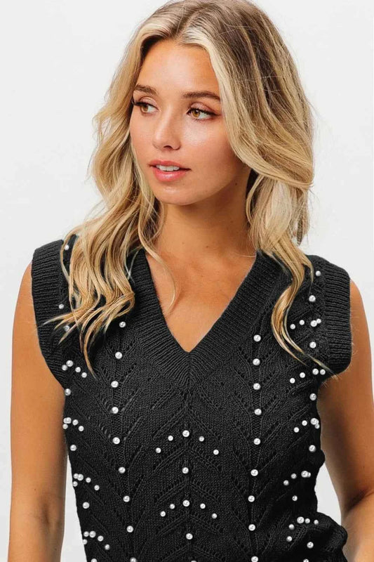 BiBi Chevron Pointelle Pearl Knit Top