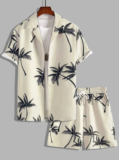 Men's Full Size Palm Print Button Up Shirt and Shorts Set Plus Size