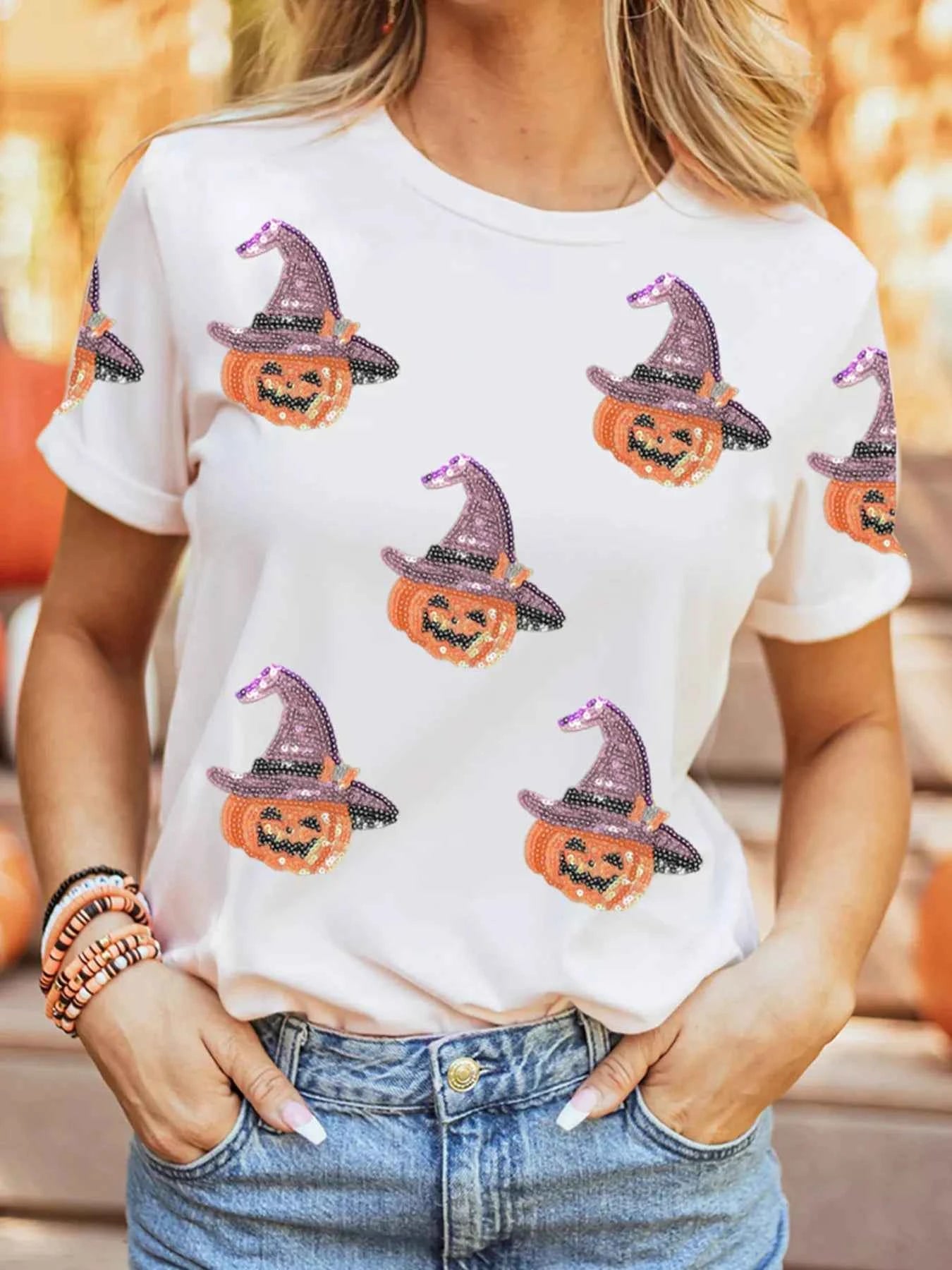 Sequin Pumpkin Witch Halloween Tee