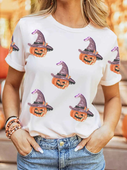 Sequin Pumpkin Witch Halloween Tee