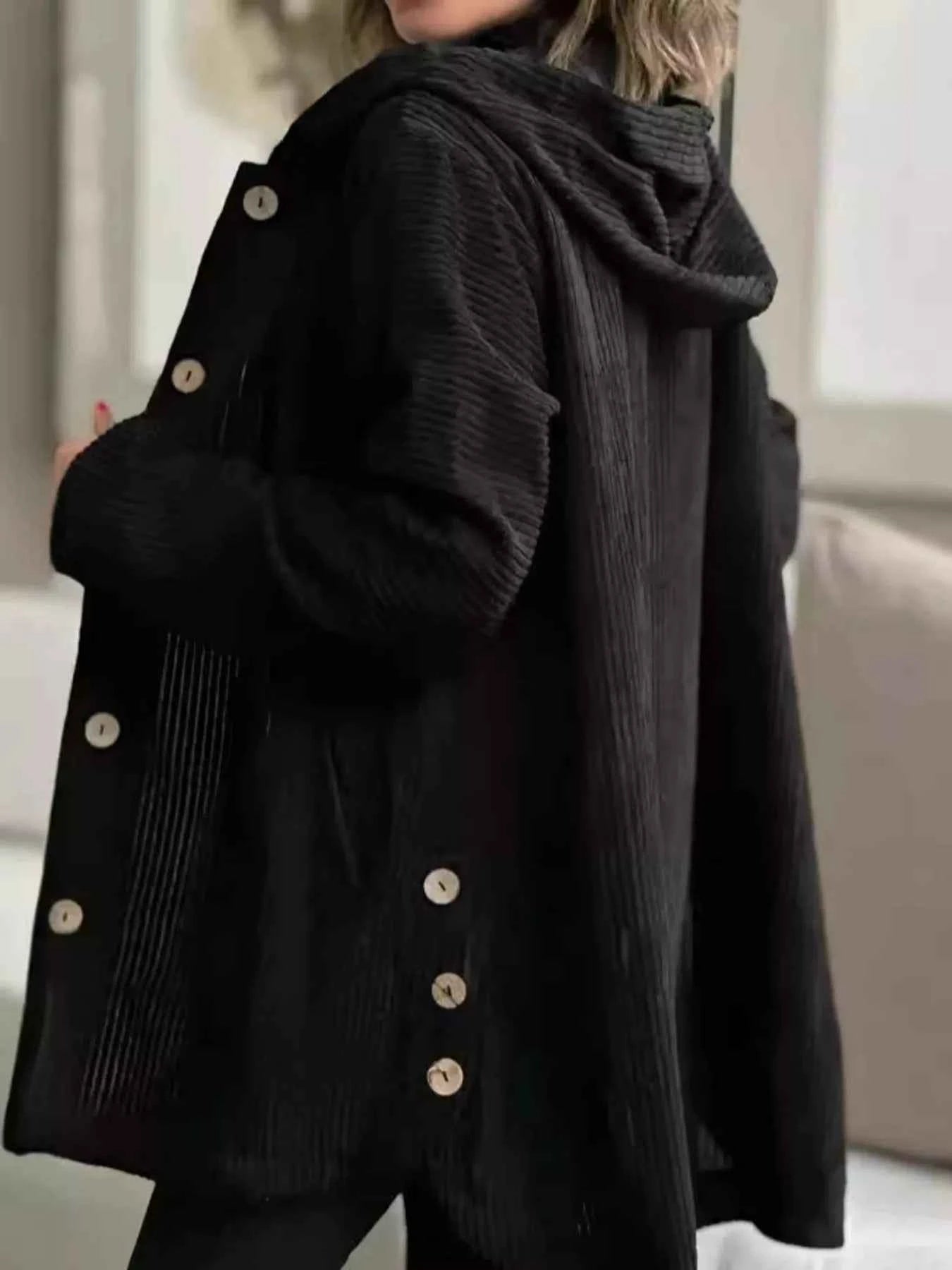 Full Size Corduroy Hooded Button-Up Jacket Plus Size