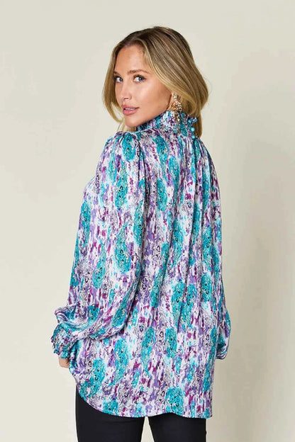 Double Take Full Size Printed Smocked Long Sleeve Blouse