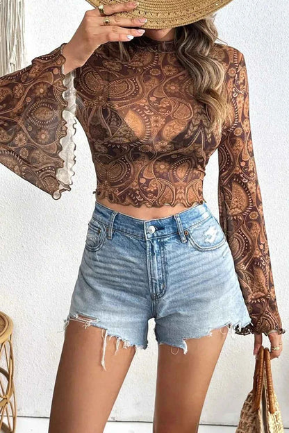 Printed Mock Neck Flare Sleeve Top