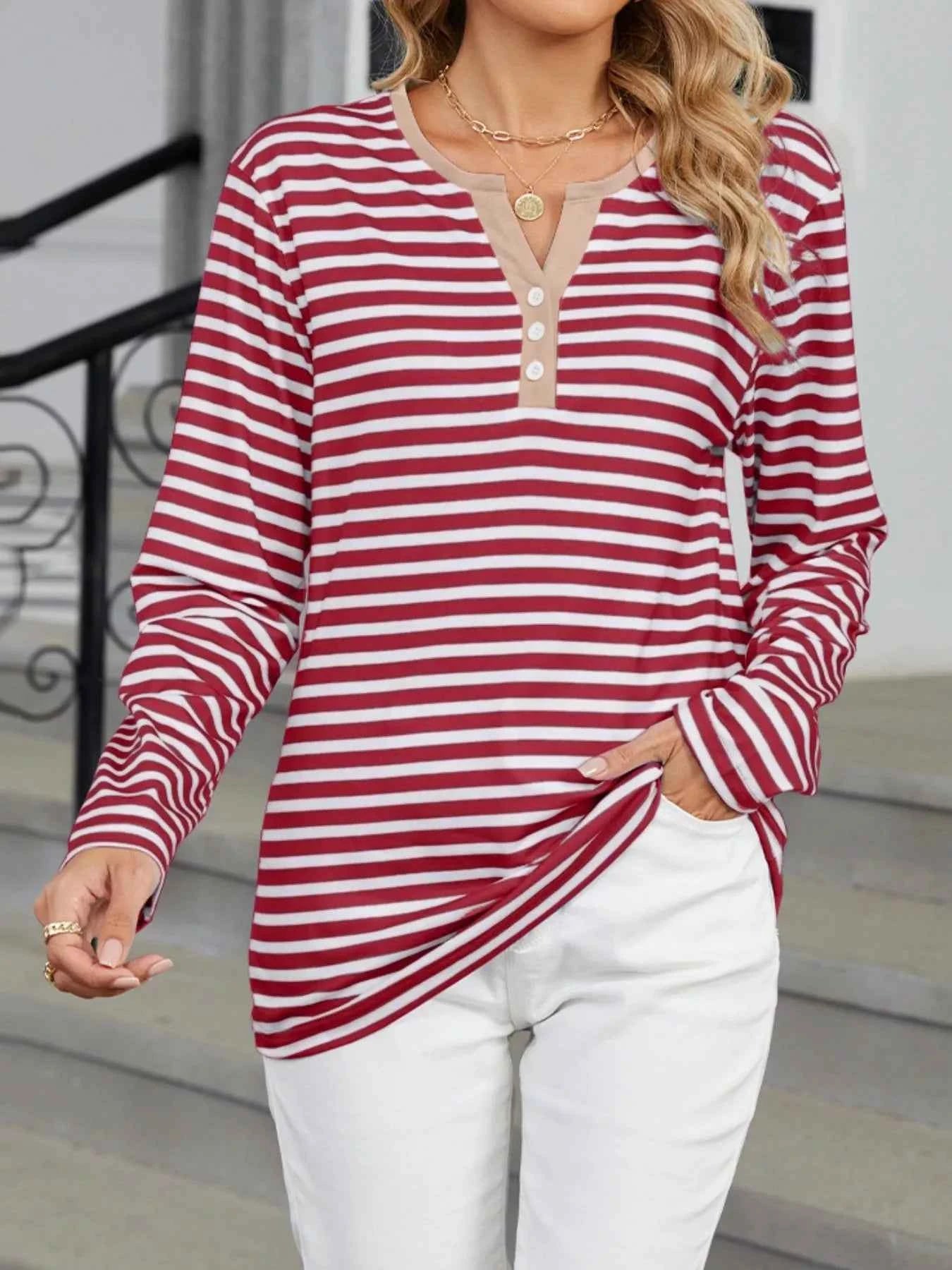 Striped Long Sleeve Henley T-Shirt